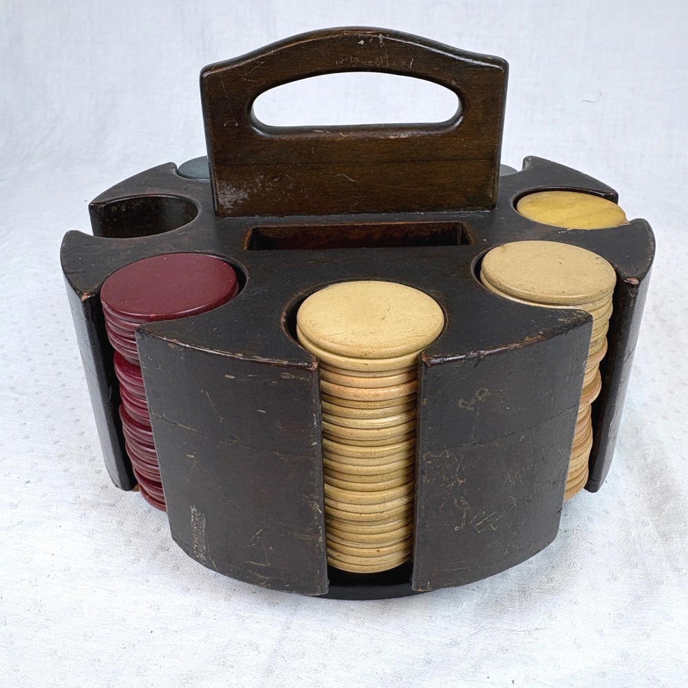 Vtg Wood Carousel Poker Chip Carrier Caddy w/ 230 Clay Chips Lazy Susan 2 Decks - Picture 2 of 16